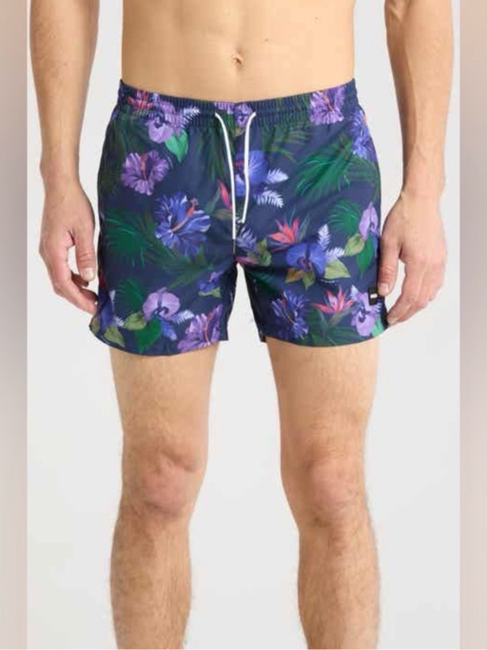 BOSS Navy Floral Print Swim Trunks with Purple & Green Accents